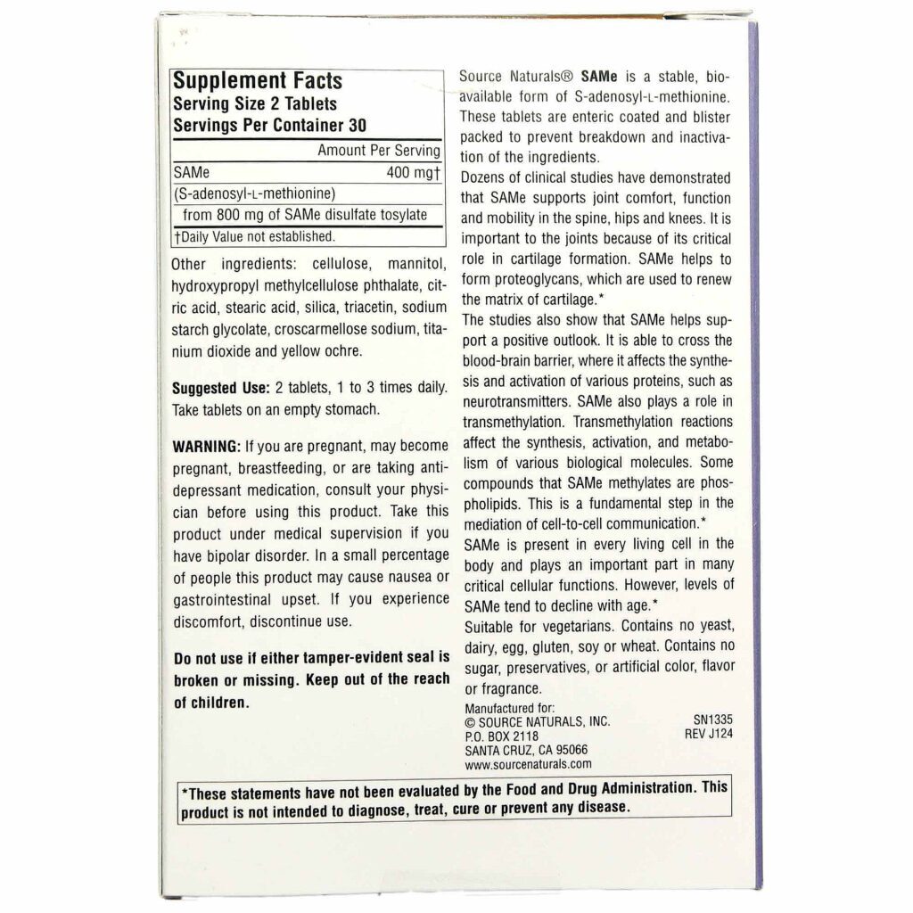 Source Naturals SAMe 200 mg - 60 Tabletes para Bem-Estar e Humor - Imagem 2