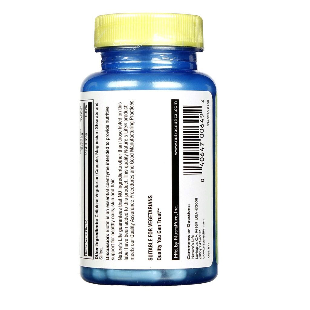 Nature's Life Biotina 2500 mcg 100 Cápsulas Vegetarianas: Cabelos, Pele e Unhas Fortes - Imagem 3