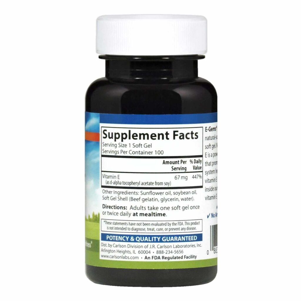 Carlson Labs E-Gems 100 UI: Vitamina E Pura 100 Cápsulas Gel Saúde Antioxidante - Imagem 2