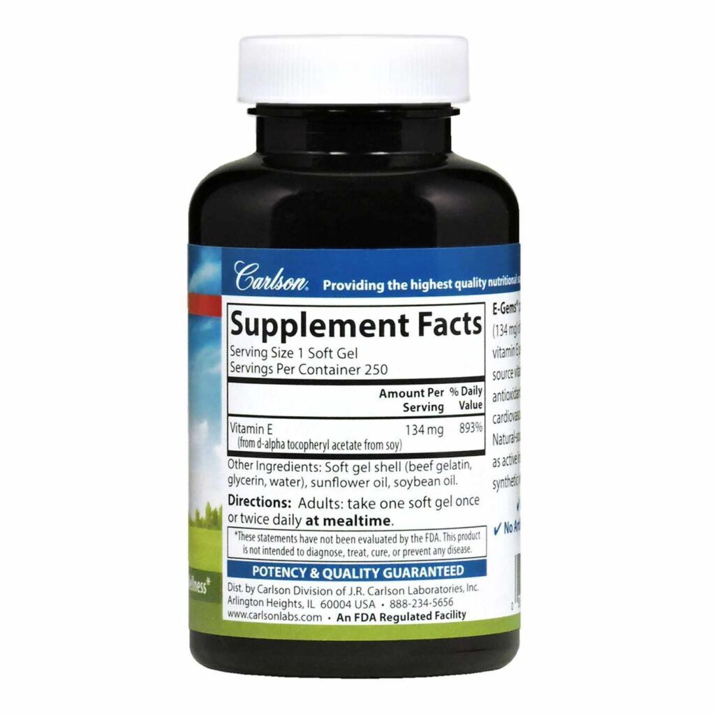 Carlson Labs E-Gems 200 UI Vitamina E 250 Cápsulas em Gel - Saúde e Bem-Estar Antioxidante - Imagem 2