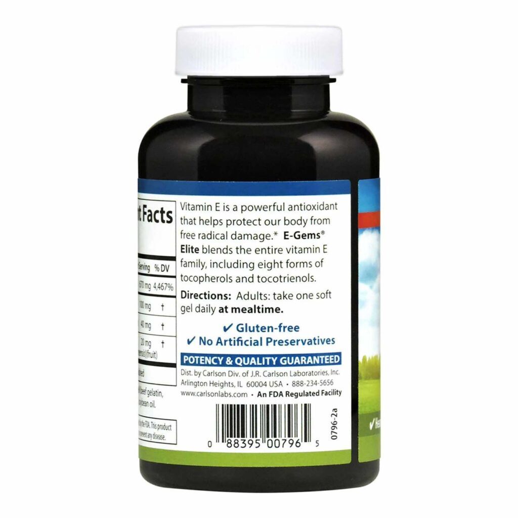 Carlson Labs E-Gems Elite 1.000 UI - 60 Cápsulas em Gel: Vitamina E Pura para sua Saúde - Imagem 3