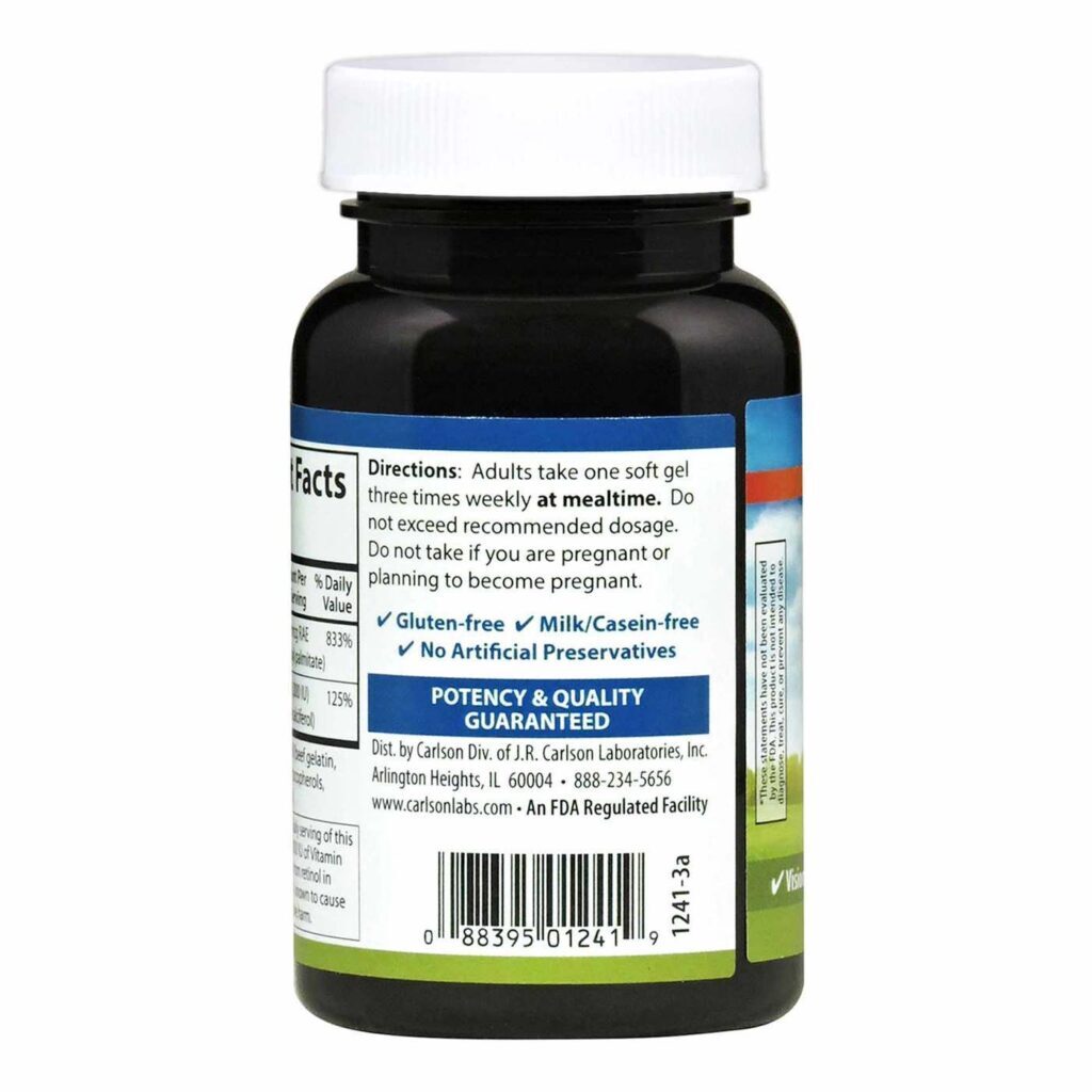 Carlson Labs Vitamina A 25.000 UI & Vitamina D 1.000 UI - 100 Cápsulas em Gel para Saúde Óssea e Imunológica - Imagem 3