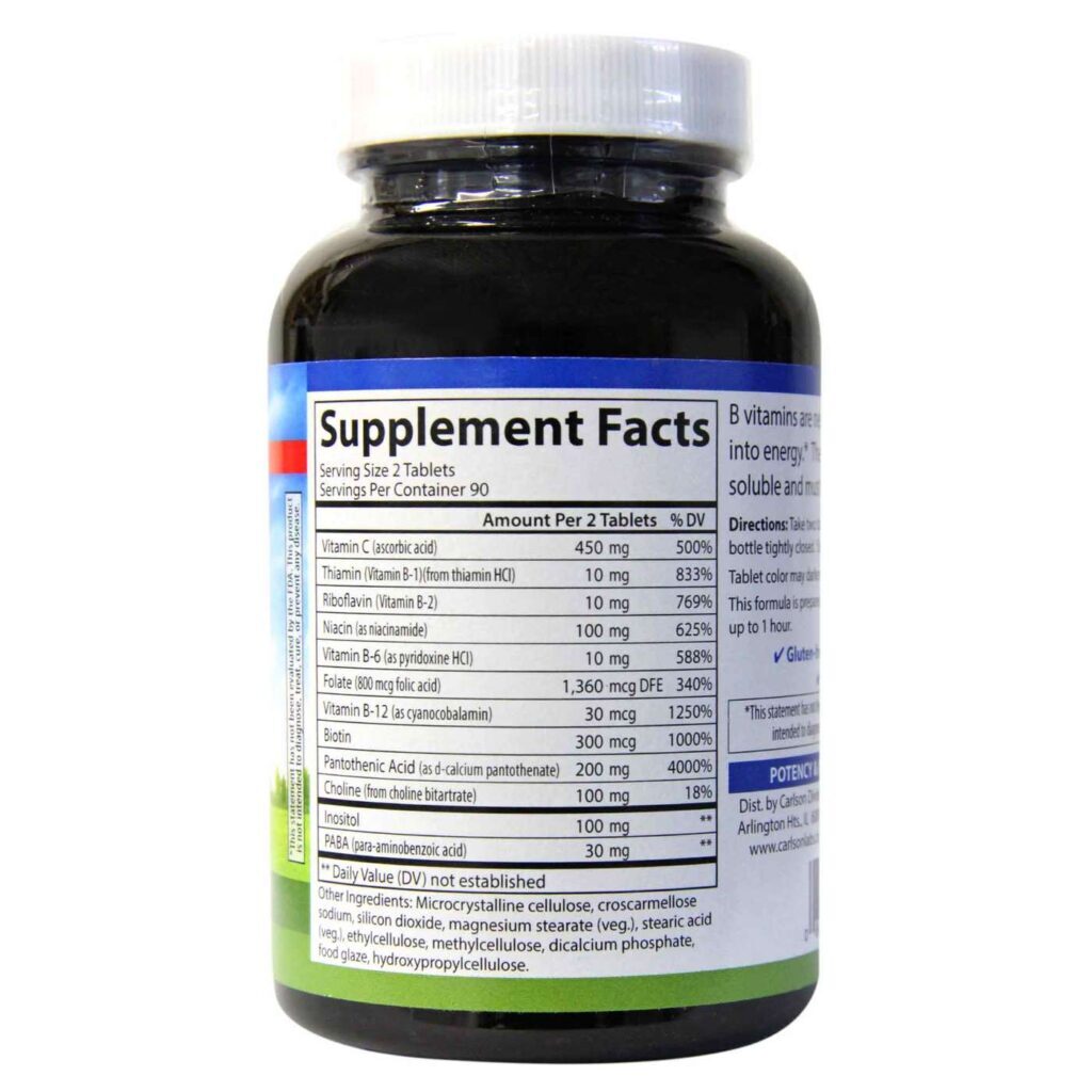 Carlson Labs B Compleet: Complexo Vitamina B + Vitamina C - 180 Comprimidos para Vitalidade Energética - Imagem 3