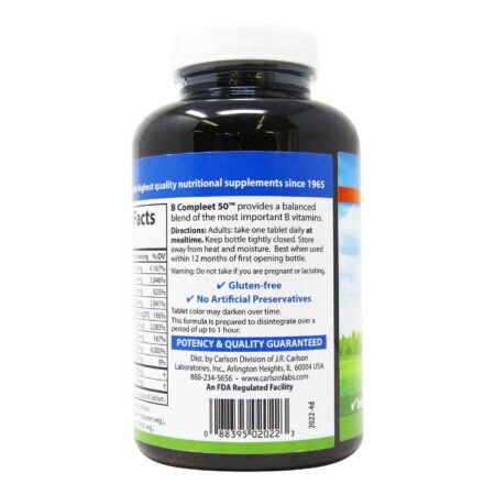 Carlson Labs, B Compleet 50 - Vitamina do Complexo B - 250 Tabletes - Image 3