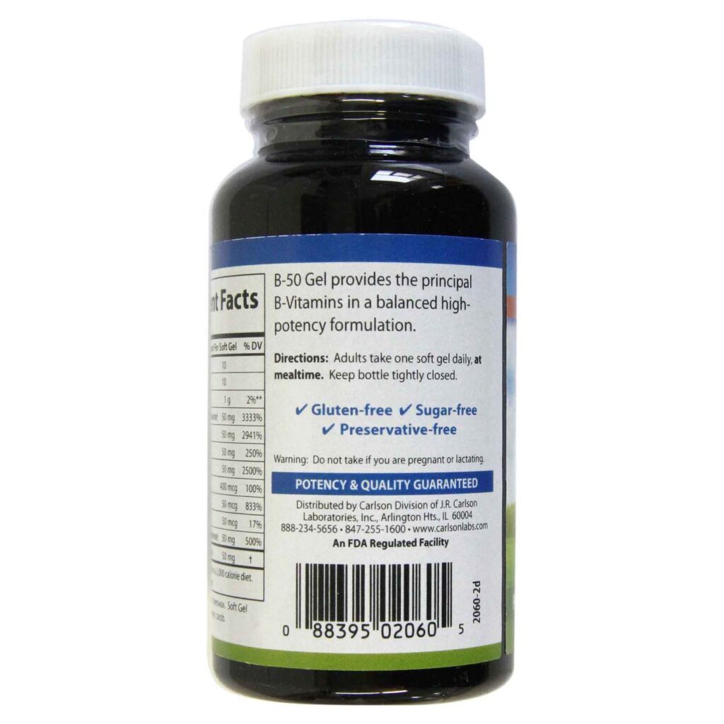 Carlson Labs B-50: Complexo de Vitaminas B Essenciais com 50 Cápsulas em Gel - Imagem 3