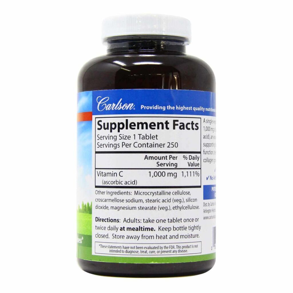 Carlson Labs Vitamina C 1,000 mg - 250 Tabletes: Sua Dose Diária de Imunidade e Bem-Estar - Imagem 2