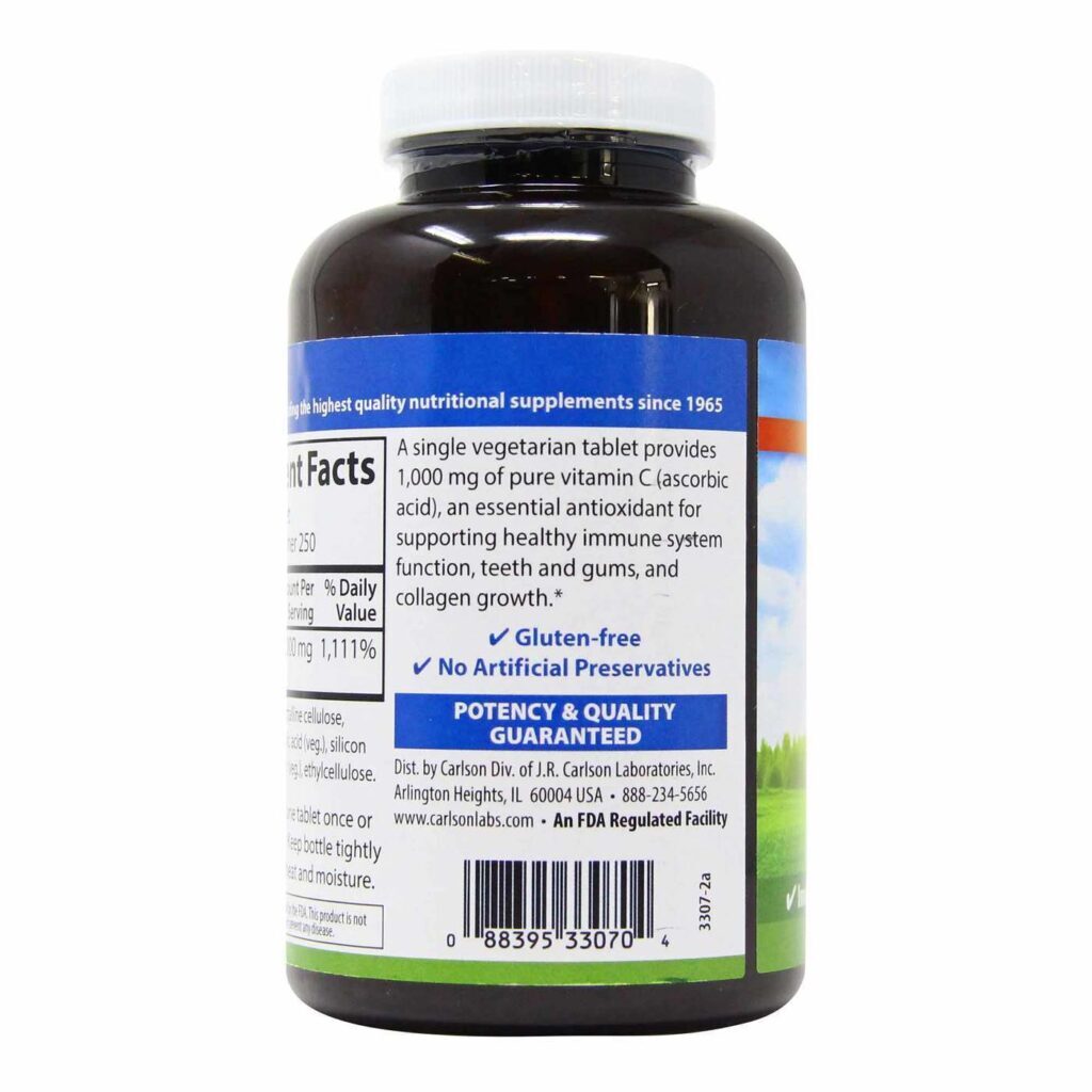 Carlson Labs Vitamina C 1,000 mg - 250 Tabletes: Sua Dose Diária de Imunidade e Bem-Estar - Imagem 3
