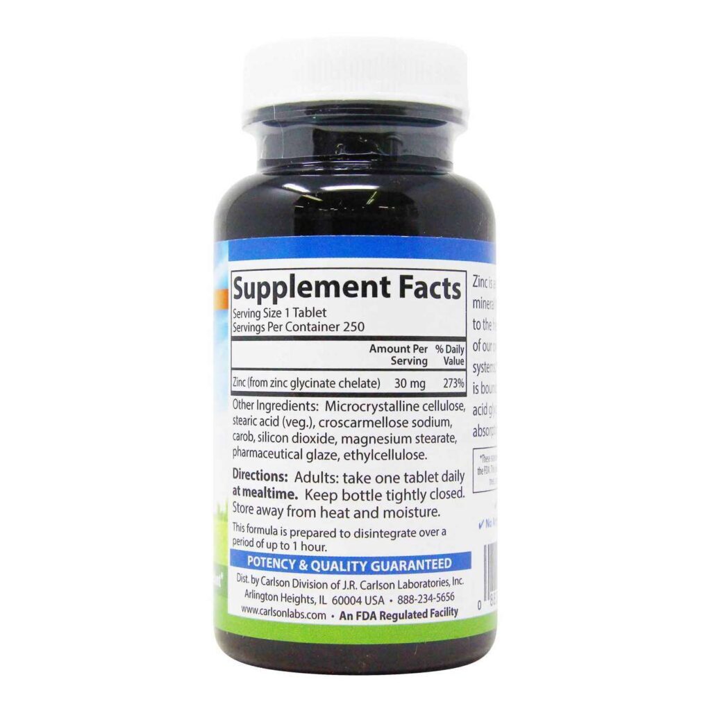 Carlson Labs Quelatado de Zinco 30mg - 250 Tabletes | Suporte Imunológico no Brasil - Imagem 2