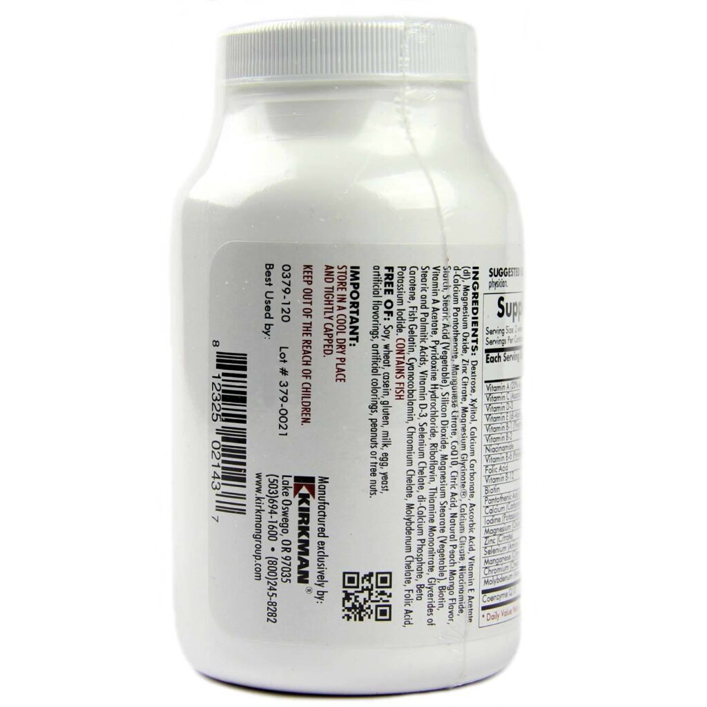 Kirkman Labs Multivitamínico Mastigável Infantil com Xylitol - Manga e Pêssego 120 Wafers - Imagem 3