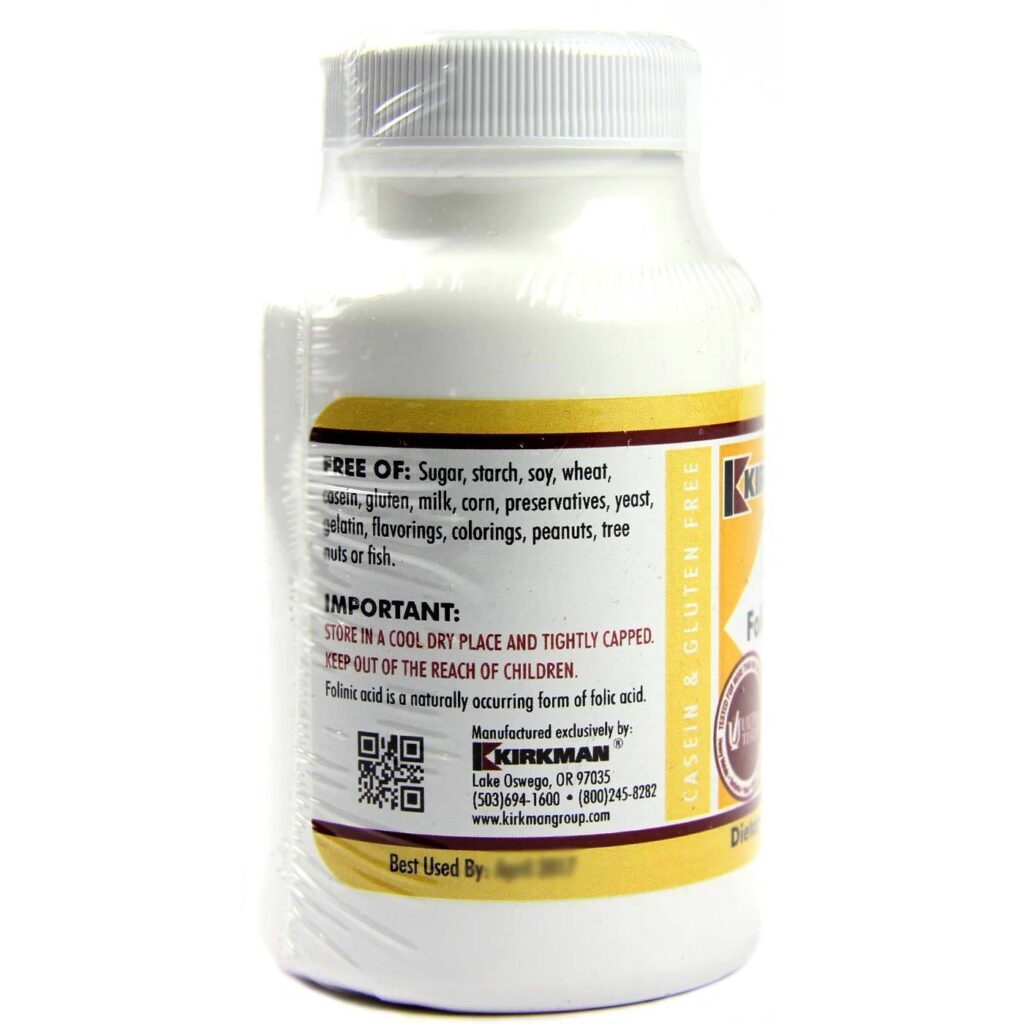 Kirkman Labs Ácido Folínico 800 mcg Hipoalergênico - 180 Cápsulas Vegetarianas - Imagem 3