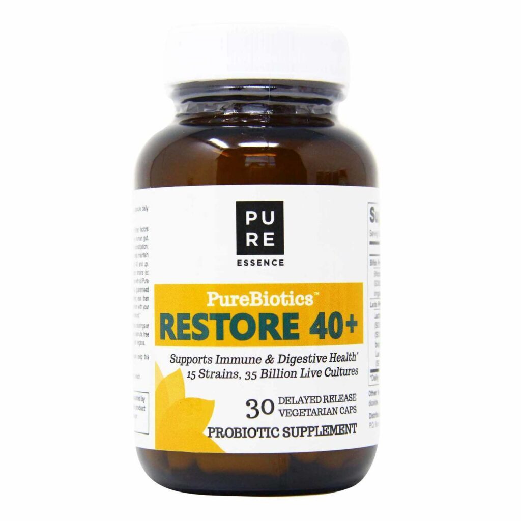 Purebiotics Restore 40+ Pure Essence Labs: Probiótico Vegetariano para Saúde Intestinal (30 Cápsulas)