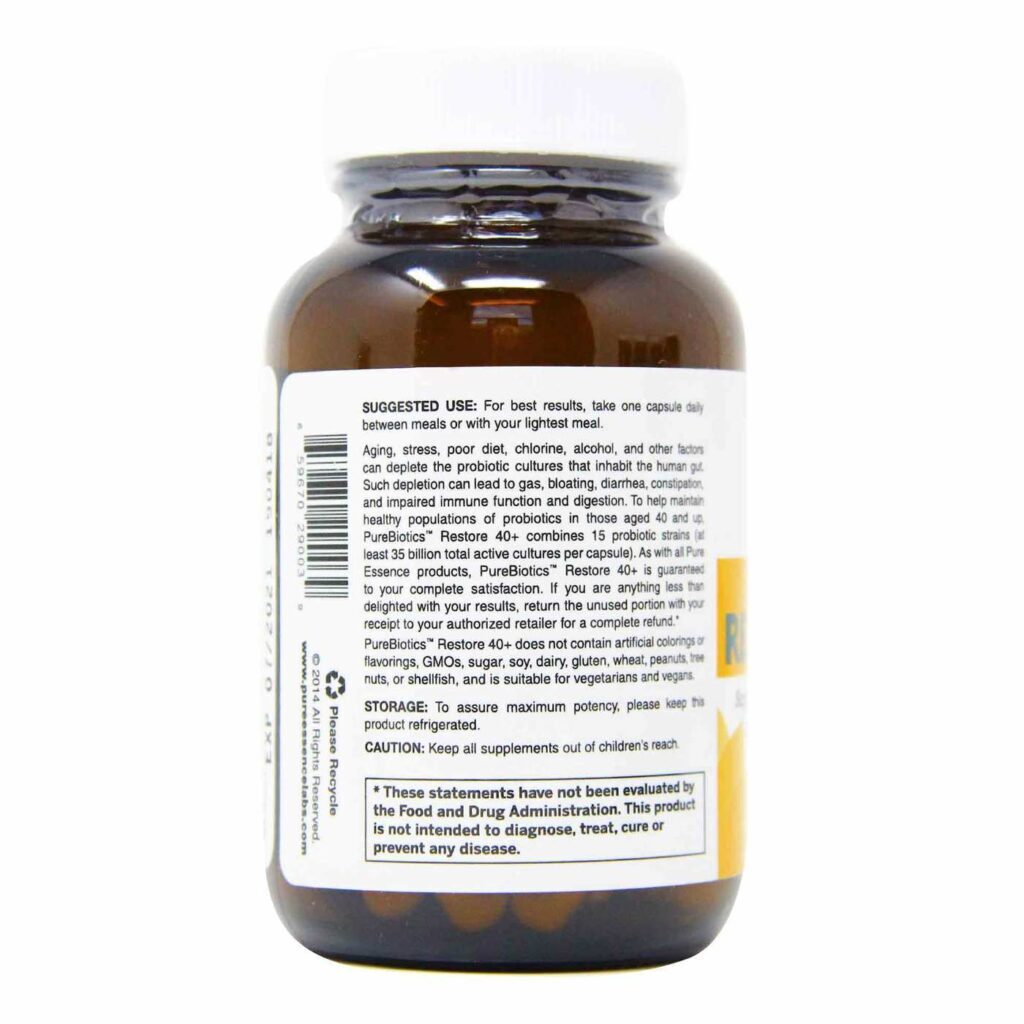 Purebiotics Restore 40+ Pure Essence Labs: Probiótico Vegetariano para Saúde Intestinal (30 Cápsulas) - Imagem 2