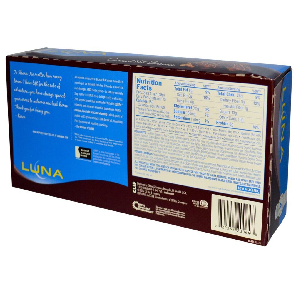 Luna Bars: Barras de Nutrição Integral Brownie Caramelo e Nozes - 15 Barras Para Mulheres - Imagem 2