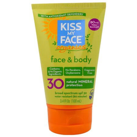 Kiss My Face Organics, Protetor Solar Mineral para o Rosto e Corpo FPS 30 - 3.4 fl oz (100 mL)