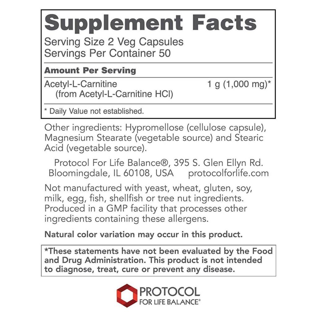 Protocol for Life Balance Acetil L-Carnitina 500mg - 100 Cápsulas Vegetarianas para Energia e Metabolismo - Imagem 2