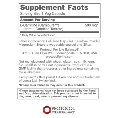 Protocol for Life Balance, L-Carnitina 500 mg - 60 Cápsulas Vegetarianas - Image 2