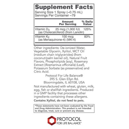 Protocol for Life Balance, Spray Liposomal Vitaminas D-3 e K-2 - 59 ml (2 fl oz) - Image 2