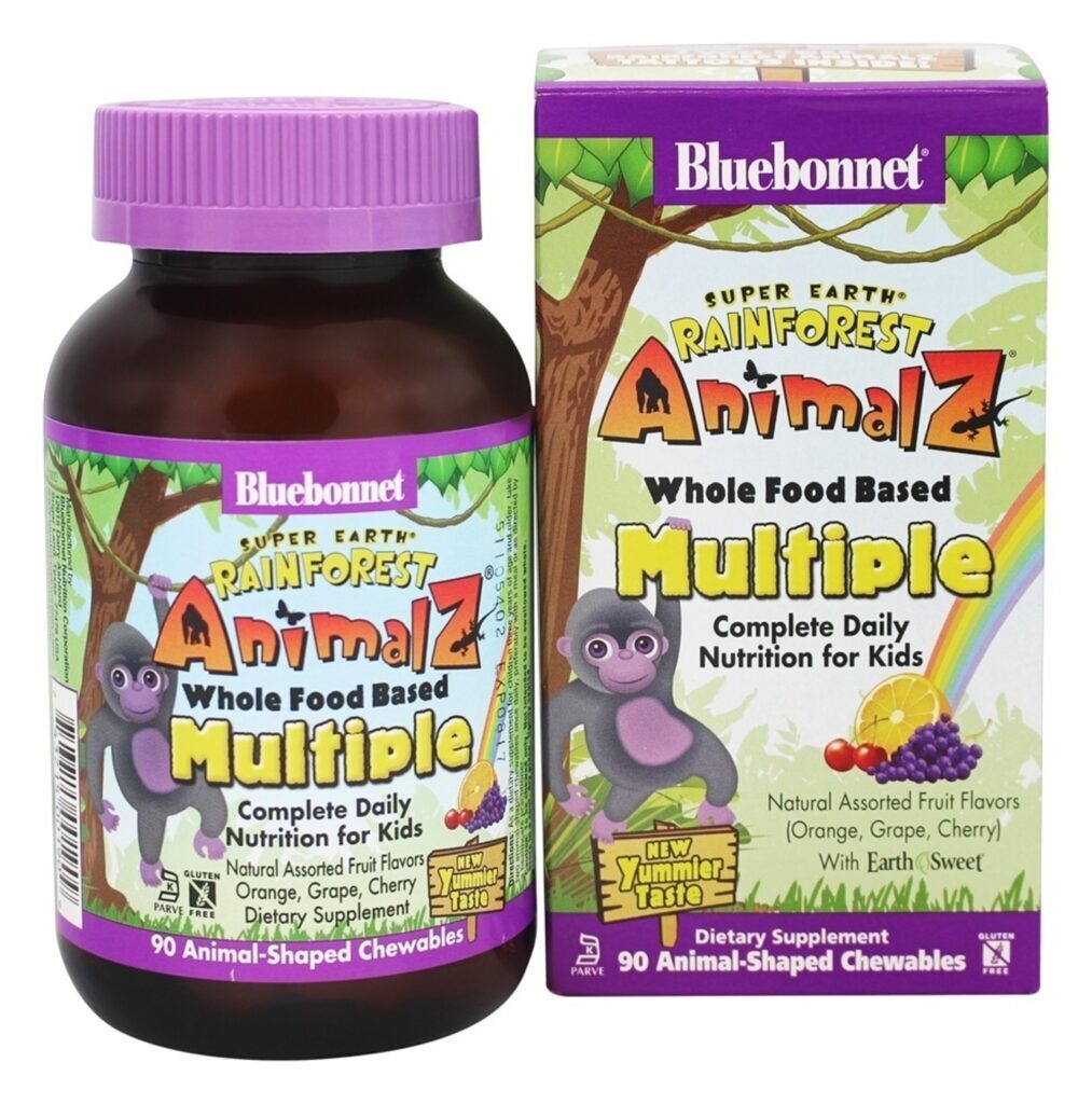 Bluebonnet Nutrition Super Earth Rainforest Animalz Múltiplo Alimentar à Base de Alimentos Integrais - 90 Mastigáveis Sabor Sortido