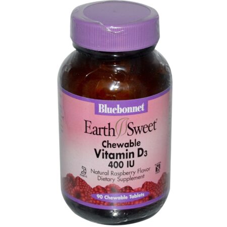 Bluebonnet Nutrition, EarthSweet® Vitamina D3 - Sabor Framboesa - 400 UI - 90 Comprimidos Mastigáveis