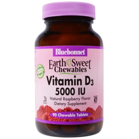 Bluebonnet Nutrition, EarthSweet® Vitamina D3 5,000 UI, Framboesa - 90 Tabletes Mastigáveis