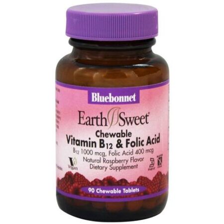 Bluebonnet Nutrition, Earth Sweet Vitamina B-12 e Ácido Fólico - 90 Tabletes Mastigáveis