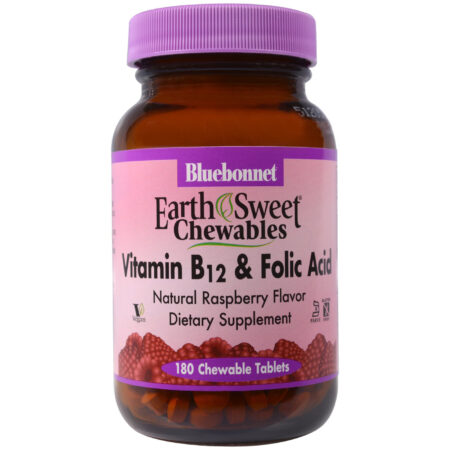 Bluebonnet Nutrition, EarthSweet® Vitamina B-12 & Ácido Fólico Mastigáveis - 180 Comprimidos Mastigáveis