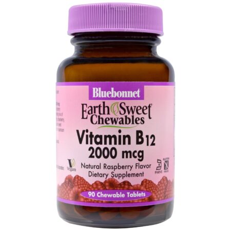 Bluebonnet Nutrition EarthSweet Vitamina B12, Framboesa - 2,000 mcg - 90 Chewable Tabletes