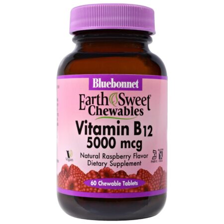 Bluebonnet Nutrition, EarthSweet® Vitamina B12, Framboesa - 5,000 mcg - 60 Tabletes Mastigáveis