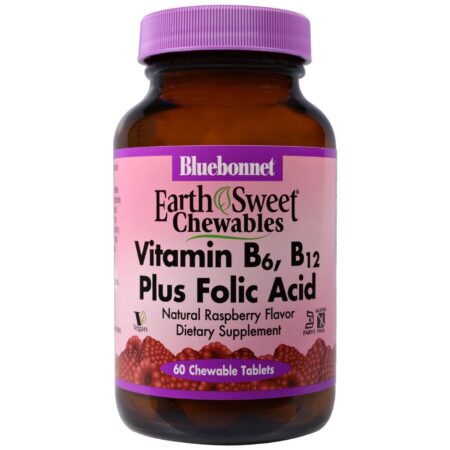 Bluebonnet Nutrition, EarthSweet® Vitamina B6, B12 mais Ácido Fólico - 60 Tabletes Mastigáveis