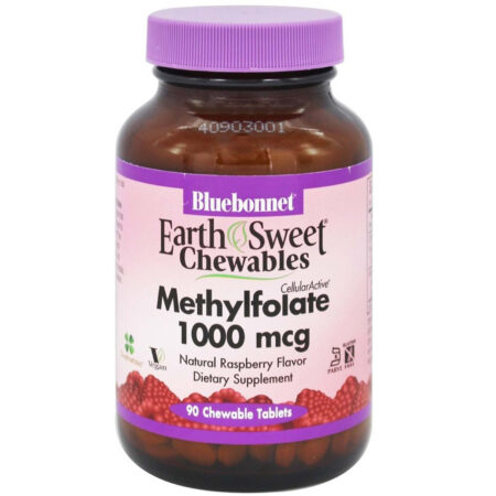 Bluebonnet Nutrition, EarthSweet® Metilfolato 1,000 mcg, Framboesa - 90 Tabletes Mastigáveis