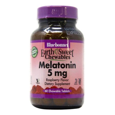 Bluebonnet Nutrition, Melatonina Terra Doce, Framboesa - 5 mg - 60 Comprimidos Mastigáveis