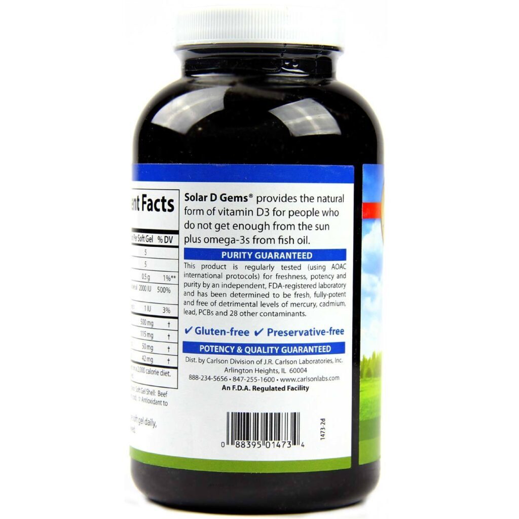 Carlson Labs Solar D Gems Vitamina D3 2000 UI - 360 Cápsulas em Gel - Imagem 3
