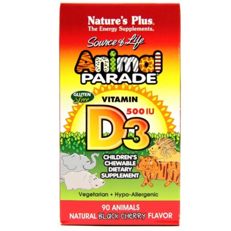 Nature's Plus, Animal Parade® Vitamina D3 500 UI, Cereja Preta - 90 Tabletes Mastigáveis