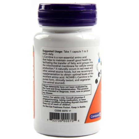 Now Foods, L-Carnitina 500 mg - 30 Cápsulas Vegatarianas - Image 3