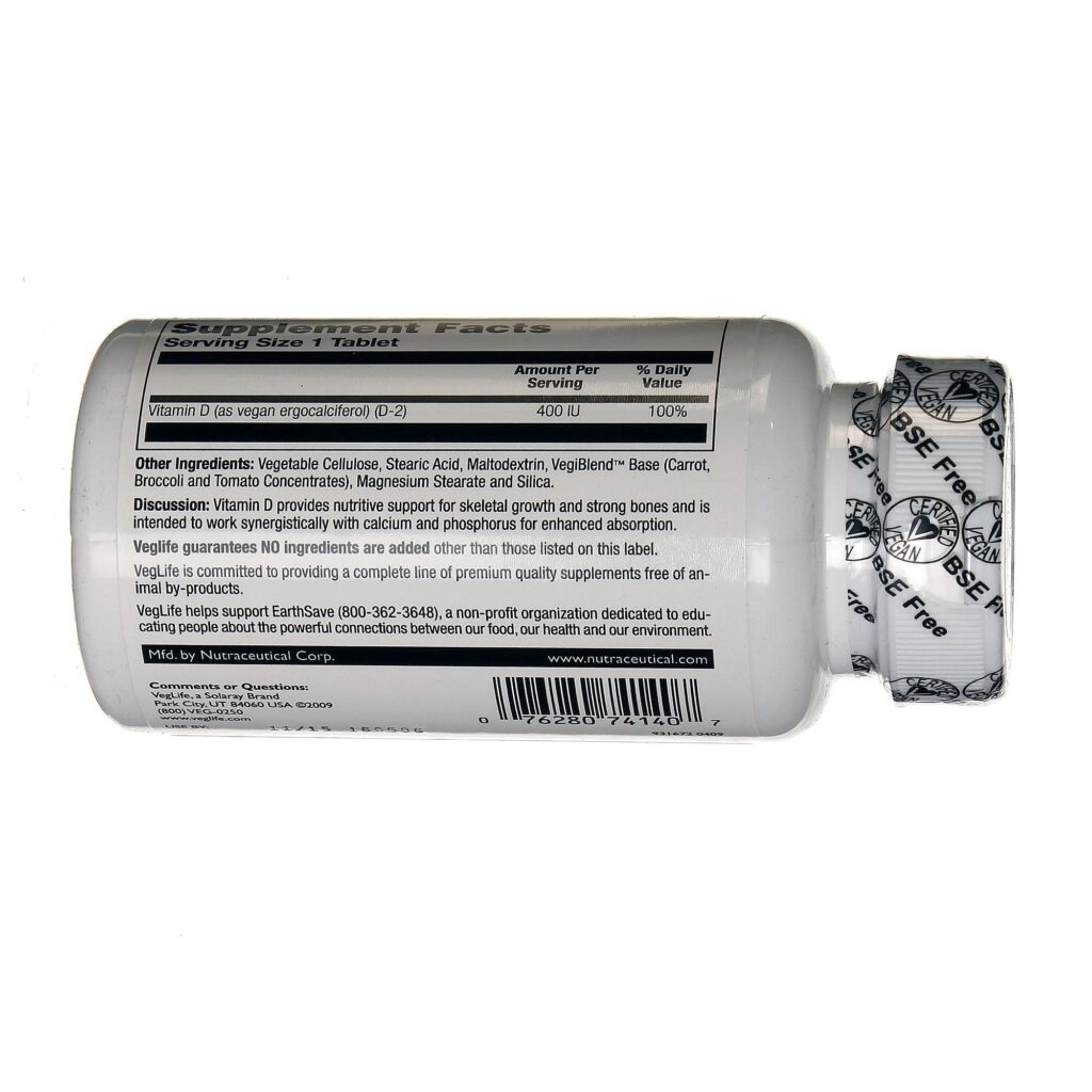VegLife Vegan D 400 UI Vegana - 100 Tabletes para Saúde Óssea e Imunidade - Imagem 3