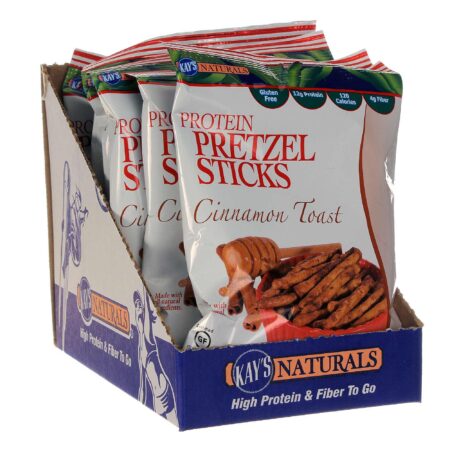 Kay's Naturals, Sticks de Pretzel de Proteína, Sabor Canela Torrada - 6 Pacotes (34 g Cada)