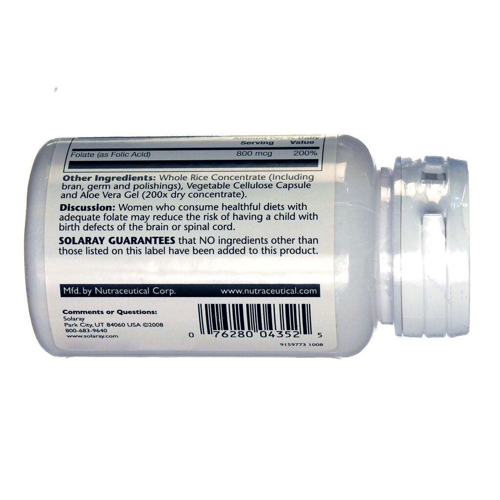 Solaray Ácido Fólico 800 mcg 100 Cápsulas Vegetarianas - Essencial para Saúde no Brasil - Imagem 3