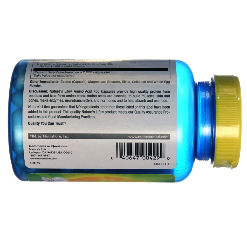 Nature's Life Aminoácidos 750 mg 100 Cápsulas - Suporte Essencial - Imagem 4