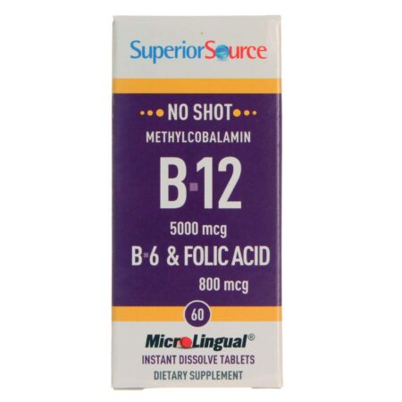 Superior Source, No Shot Metilcobalamina B12 5.000 mcg, B6 e Ácido Fólico - 60 Tabletes Microlingual®