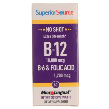 Superior Source, No Shot B12 Cianocobalamina - 10,000 mcg com B6 e Ácido Fólico - 60 Comprimidos