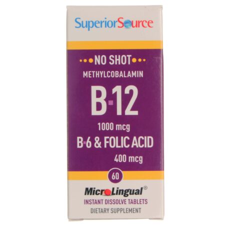 Superior Source Não tiro 1.000 mcg Metil B12, B6 e ácido fólico 400 60 instantâneo Lançamento Micro-Tabletes