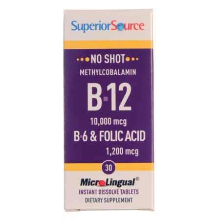 Superior Source, No Shot B12 10,000 mcg com B6 e Ácido Fólico - 30 Tabletes