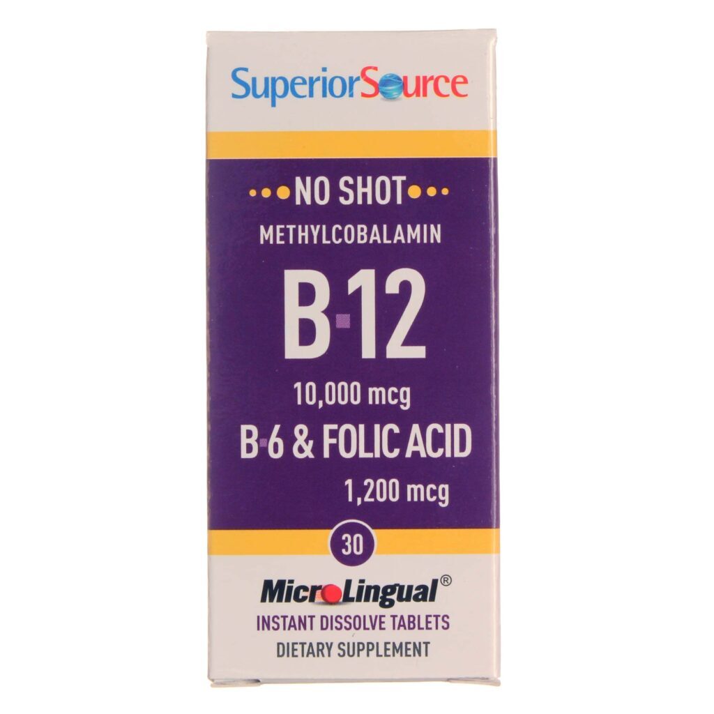 Superior Source No Shot B12 10.000 mcg com B6 e Ácido Fólico - 30 Tabletes para Energia e Vitalidade