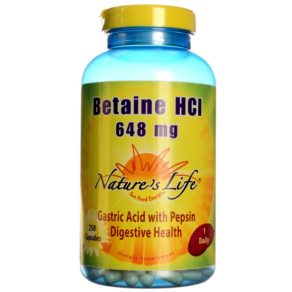 Nature's Life Betaína HCl 648 mg - 250 Cápsulas: Auxílio Digestivo e Saúde Intestinal