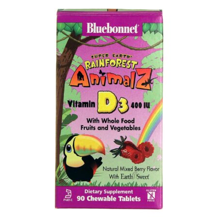 Bluebonnet Nutrition, Rainforest Animalz® Vitamina D3 400 UI, Frutas Silvestres - 90 Pastilhas Mastigáveis