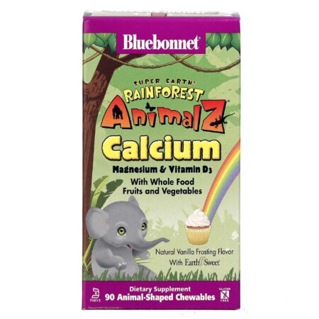 Bluebonnet Nutrition, Rainforest Animalz® Cálcio Vitamina D3 e Magnésio, Sabor Baunilha - 90 Pastilhas Mastigáveis