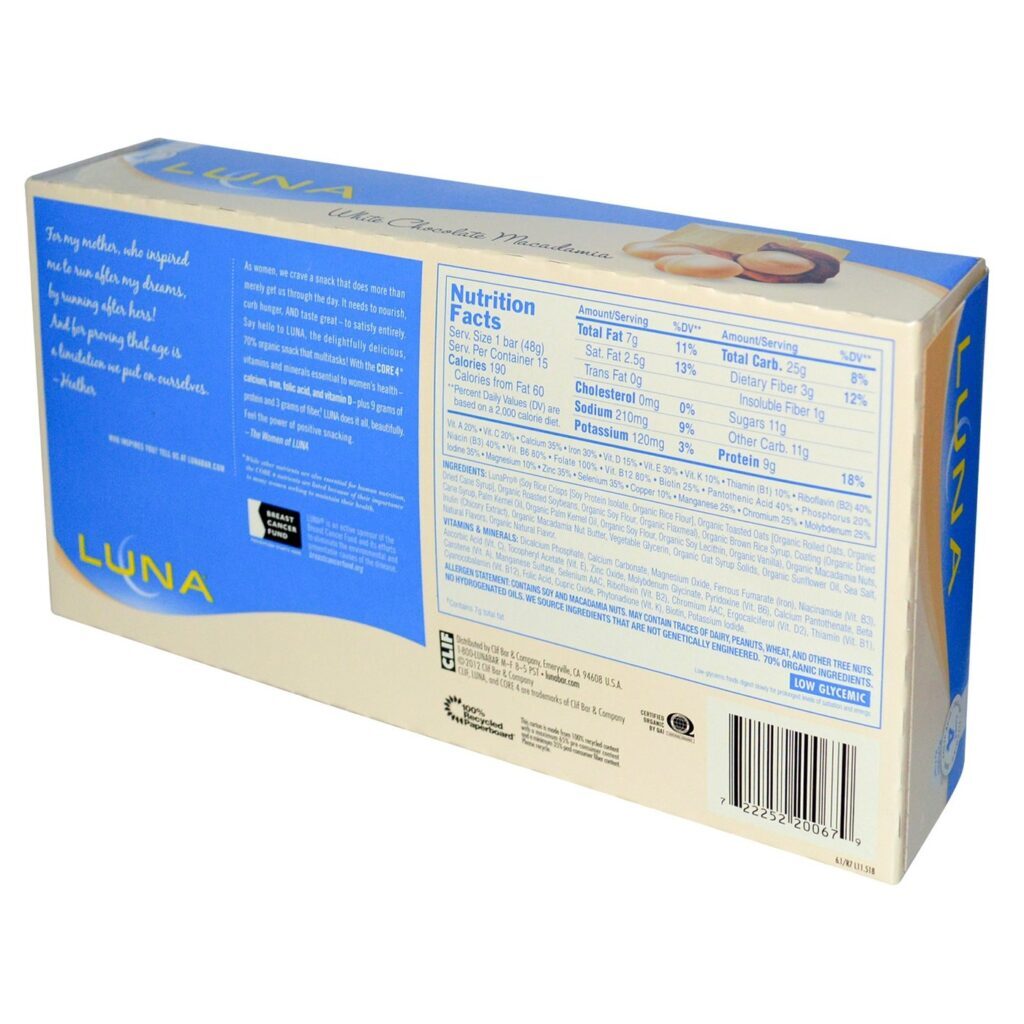 Luna Bars Barra Nutrição Completa Mulheres Chocolate Branco Macadâmia 15 Unidades - Imagem 2