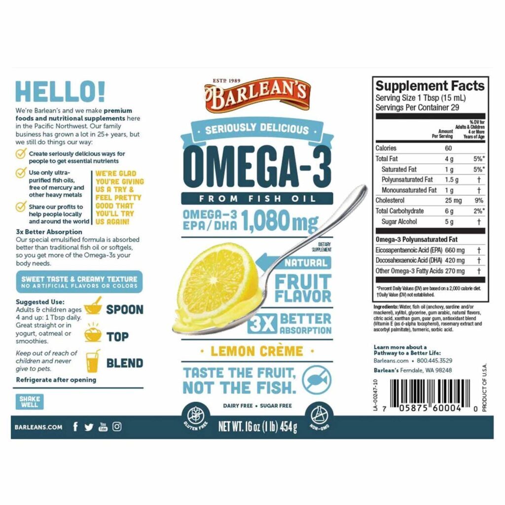 Barlean's Óleo de Peixe Ômega-3 Creme de Limão - 454g: Pureza e Sabor para sua Saúde - Imagem 2