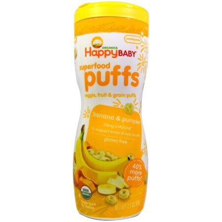 Happy Baby, Puffs Banana e Abóbora - 6 Unidades (60 g Cada ) 2,1 oz