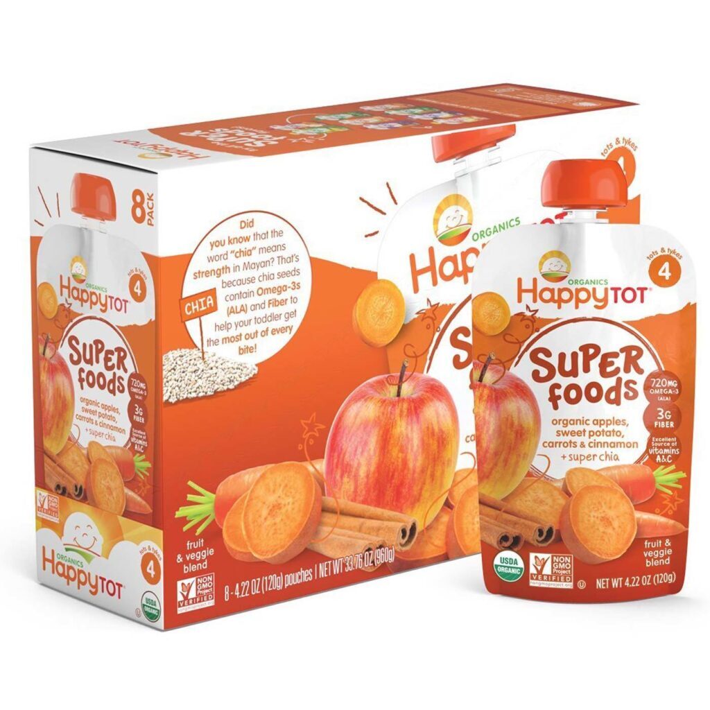 Happy Tot Orgânico SuperAlimentos Frutas e Vegetais - Batata Doce, Maçã, Cenoura e Canela (4,22 oz / 120g) - 16 Bolsas